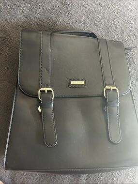 Black Faux Leather Men's Backpack with Buckle Detail